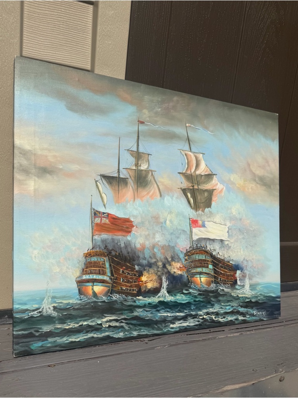 Vintage Nautical Oil Painting Ship Battle Signed J Harvey Maritime Wall Art